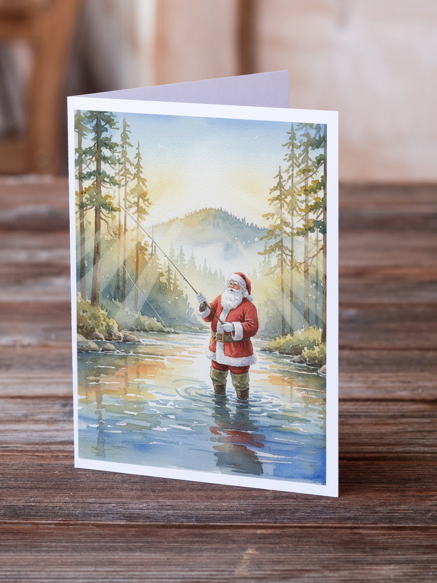 Santa Claus Fly-Fishing at Sunrise Christmas Greeting Cards Pack of 8 Blank Cards with Envelopes Whimsical A7 Size 5x7