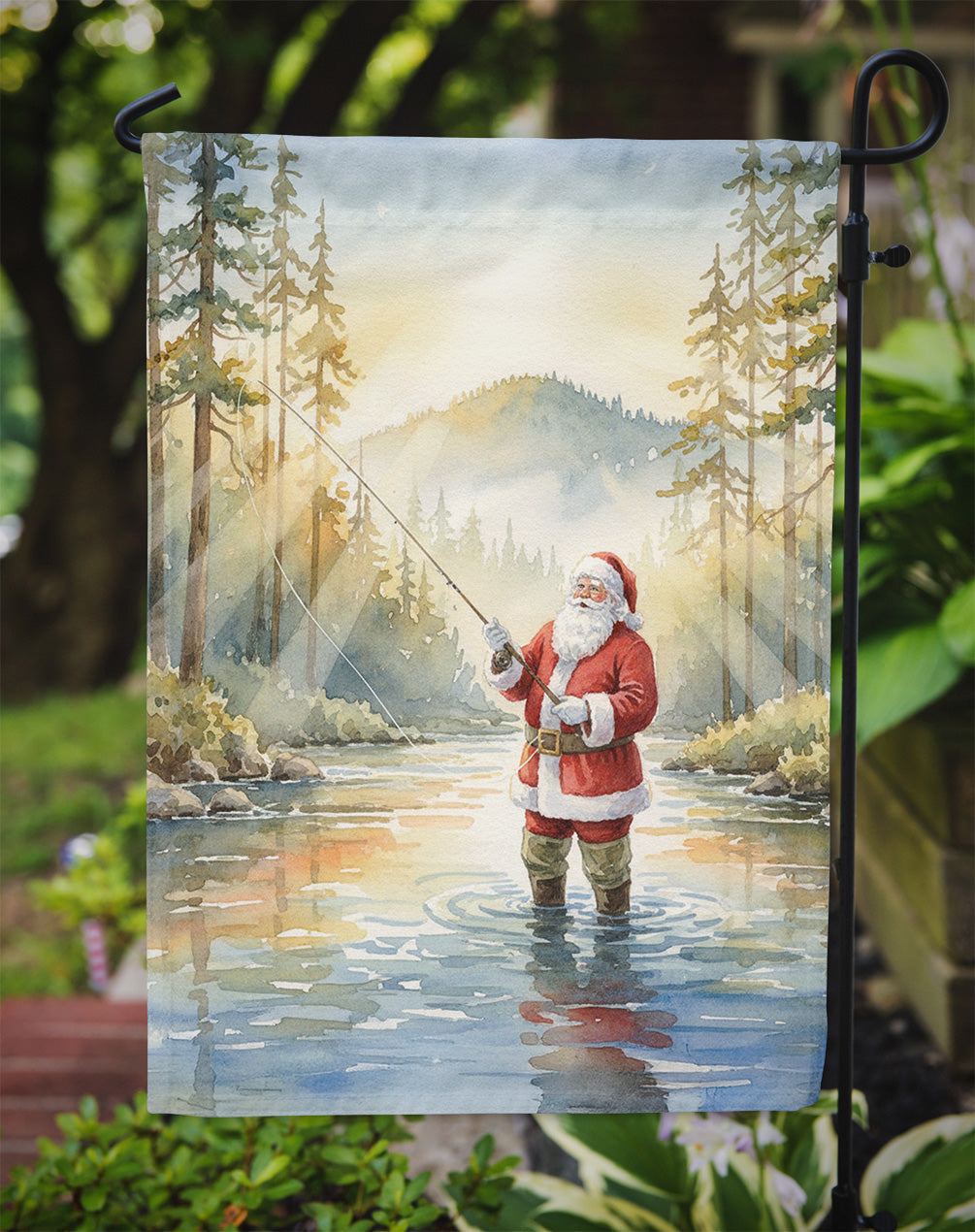 Santa Claus Fly-Fishing at Sunrise Christmas Garden Flag Mailbox Decorative Yard Banner Outside Patio Artwork for Flower Beds, Garden Size, Multicolor