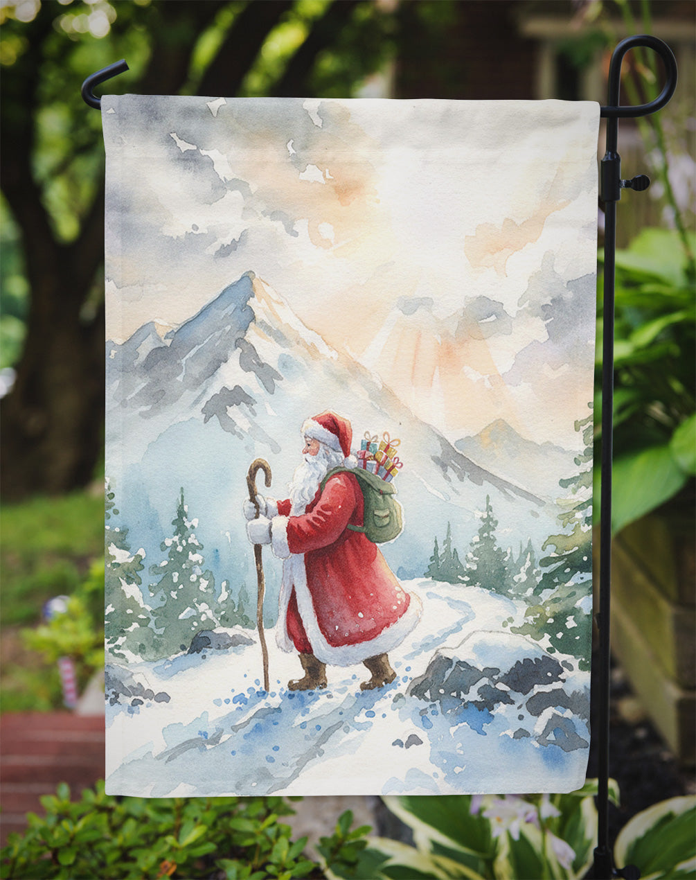 Santa Claus Hiking in the Mountains Christmas Garden Flag Mailbox Decorative Yard Banner Outside Patio Artwork for Flower Beds, Garden Size, Multicolor