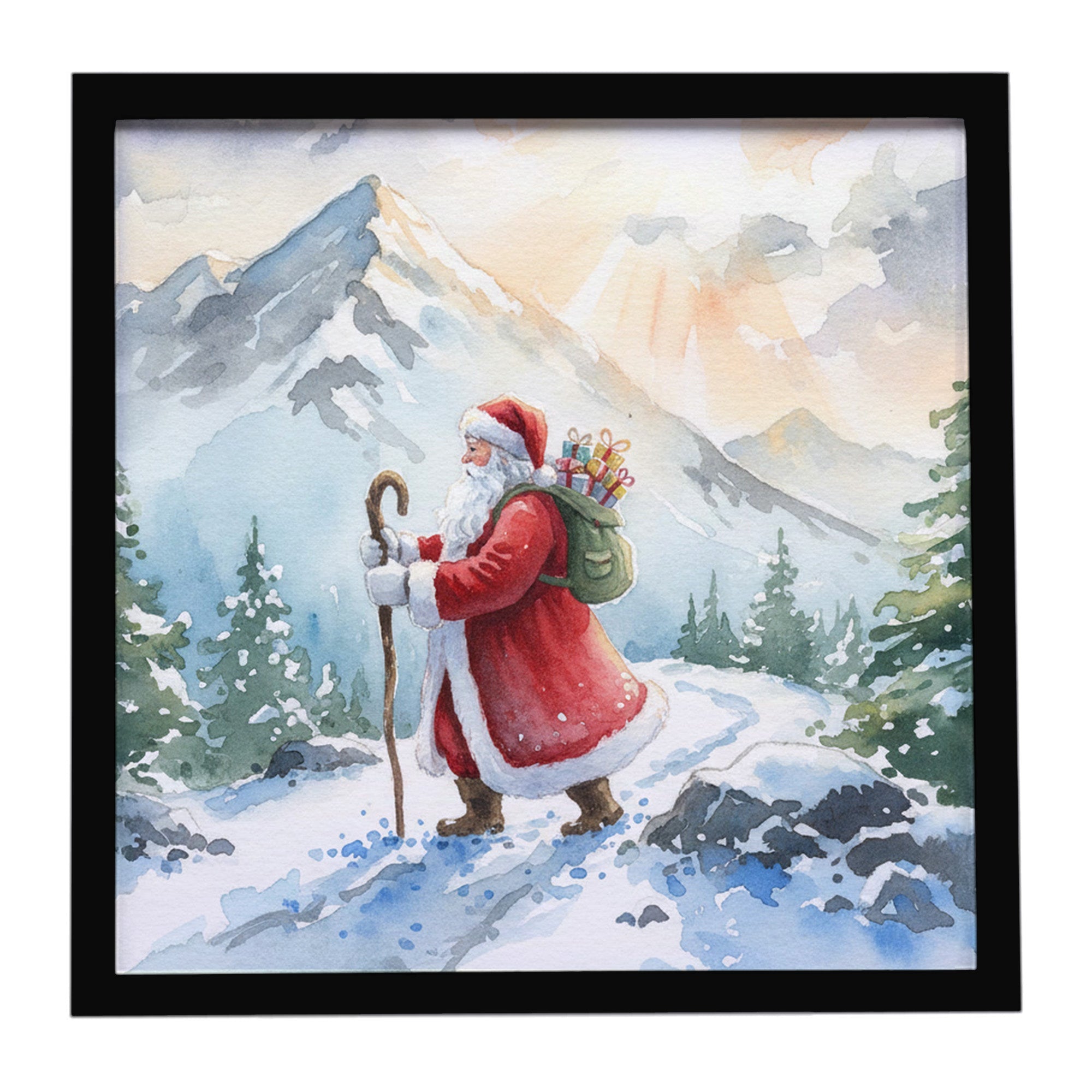 Santa Claus Hiking in the Mountains Christmas Framed Metal Print Bathroom, Kitchen, Office, Home Decor Wall Art Ready to Hang, Square, 8X8