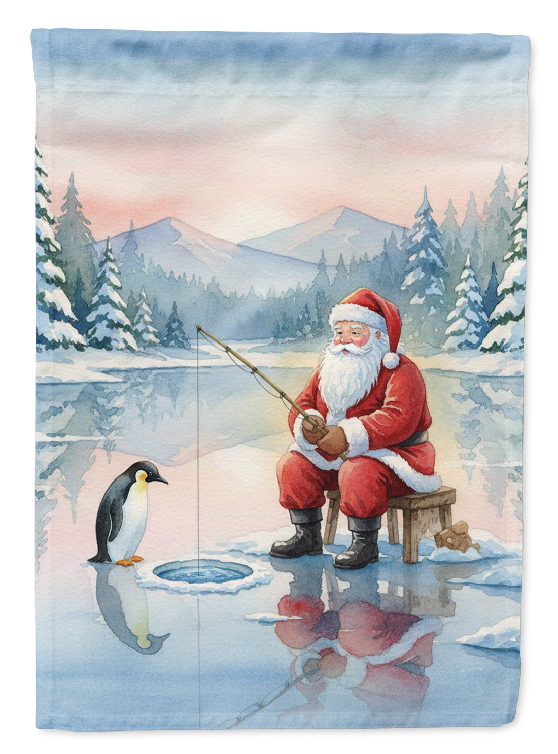 Santa Claus Ice Fishing on the Lake Christmas House Flag 28x40 Porch Sleeve Pole Decorative Outside Yard Banner Artwork Wall Hanging, Polyester