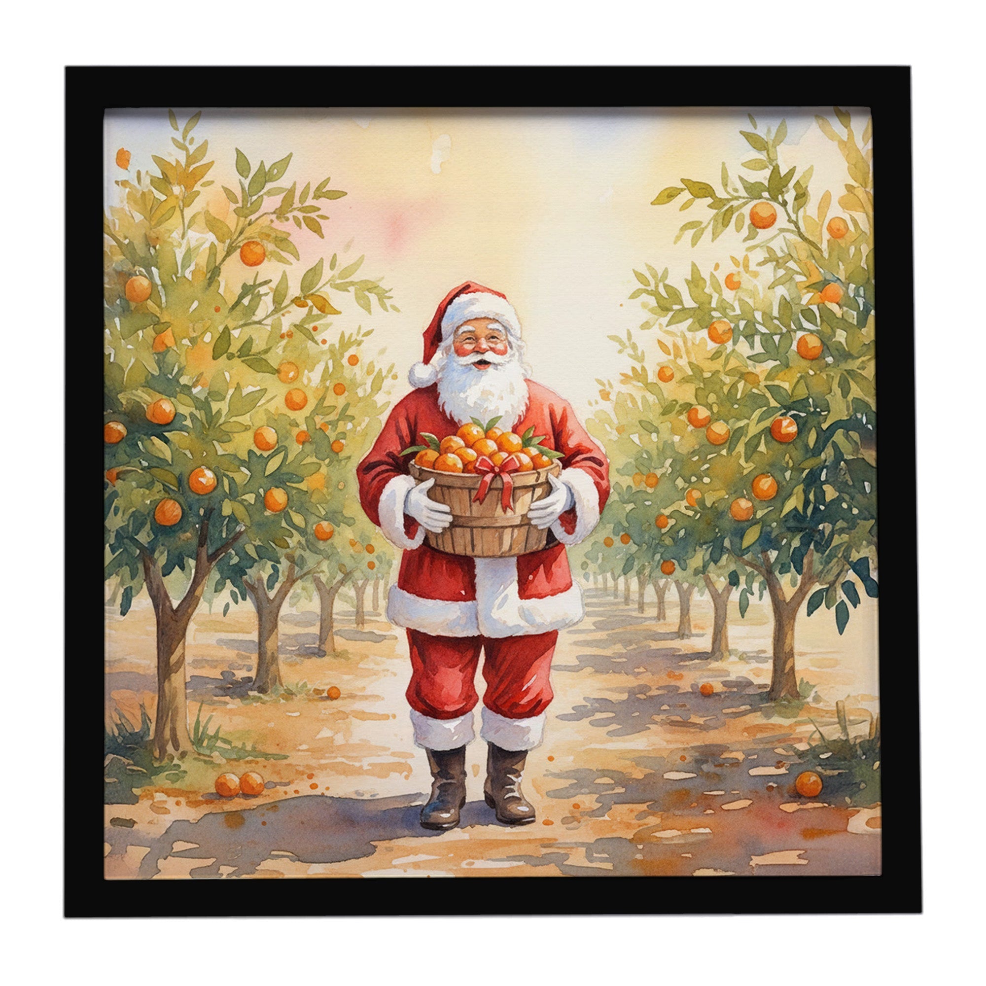 Santa Claus in the Orange Grove Christmas Framed Metal Print Bathroom, Kitchen, Office, Home Decor Wall Art Ready to Hang, Square, 8X8