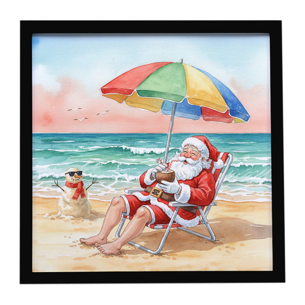 Santa Claus on the Beach Christmas Framed Metal Print Bathroom, Kitchen, Office, Home Decor Wall Art Ready to Hang, Square, 8X8