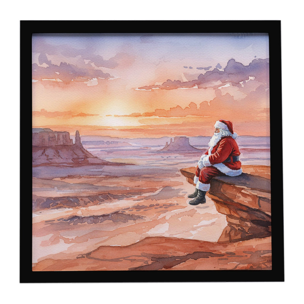 Santa Claus on the Red Rocks Christmas Framed Metal Print Bathroom, Kitchen, Office, Home Decor Wall Art Ready to Hang, Square, 8X8