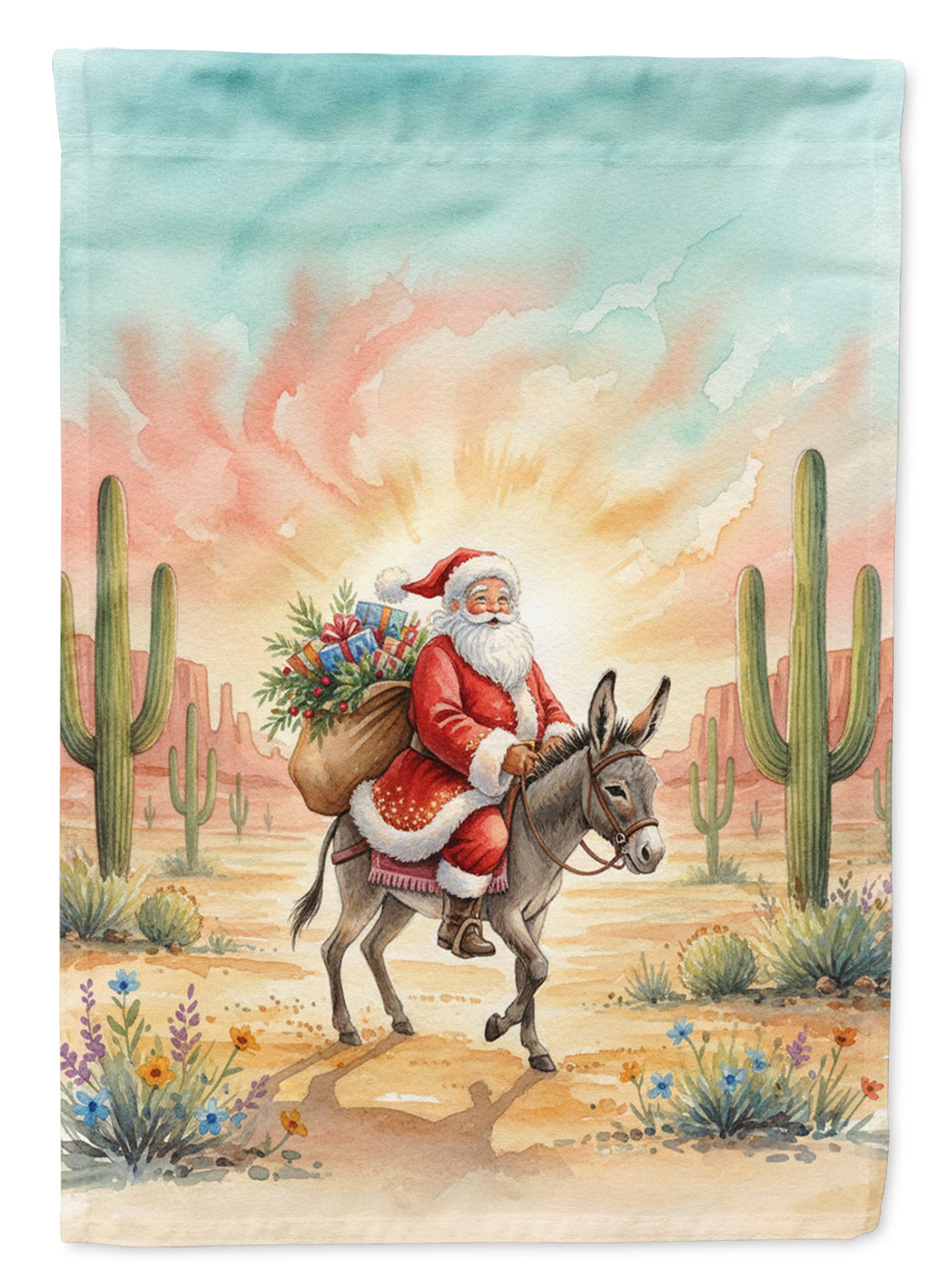 Santa Claus Riding a Burro Christmas House Flag 28x40 Porch Sleeve Pole Decorative Outside Yard Banner Artwork Wall Hanging, Polyester