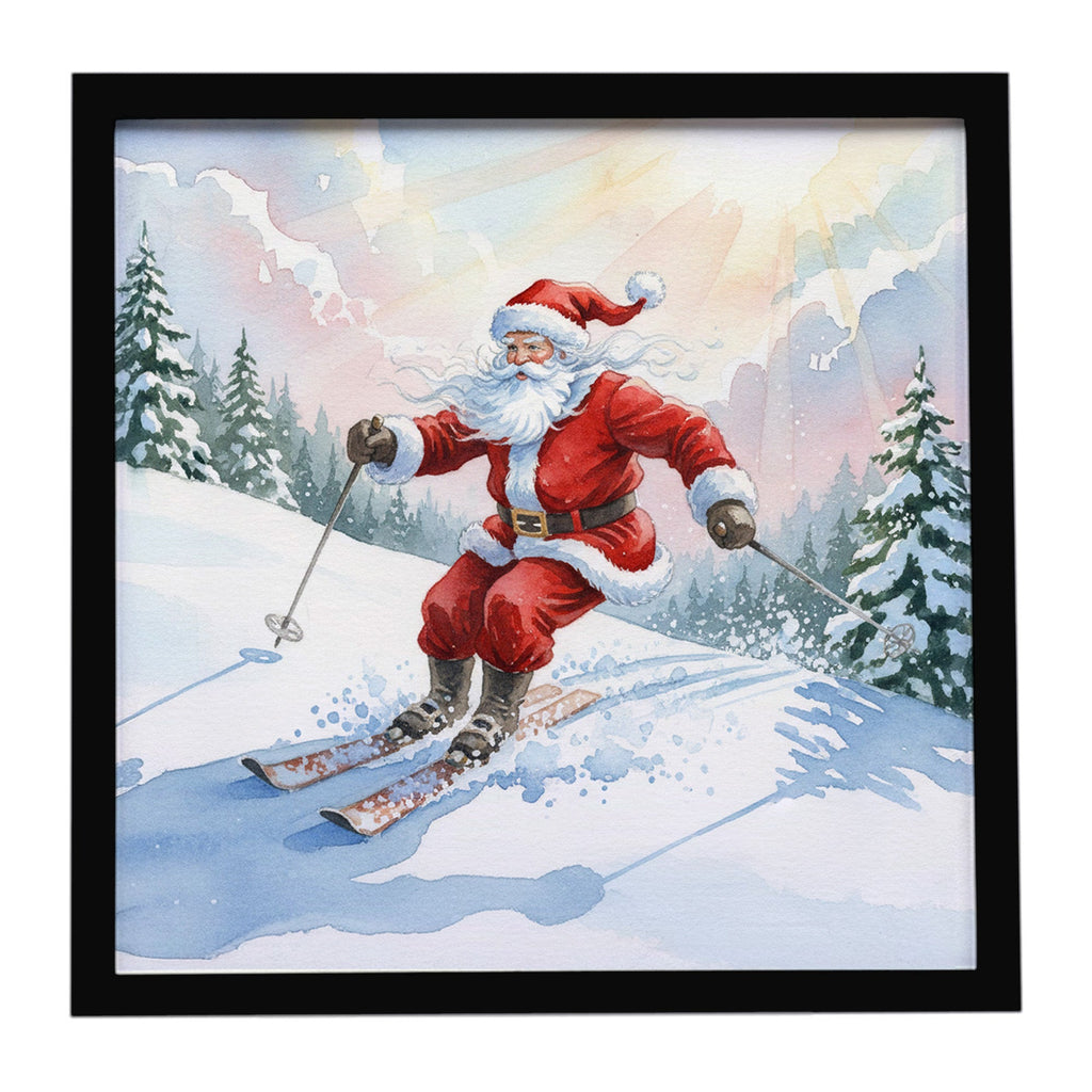 Santa Claus Skiing Downhill Christmas Framed Metal Print Bathroom, Kitchen, Office, Home Decor Wall Art Ready to Hang, Square, 8X8