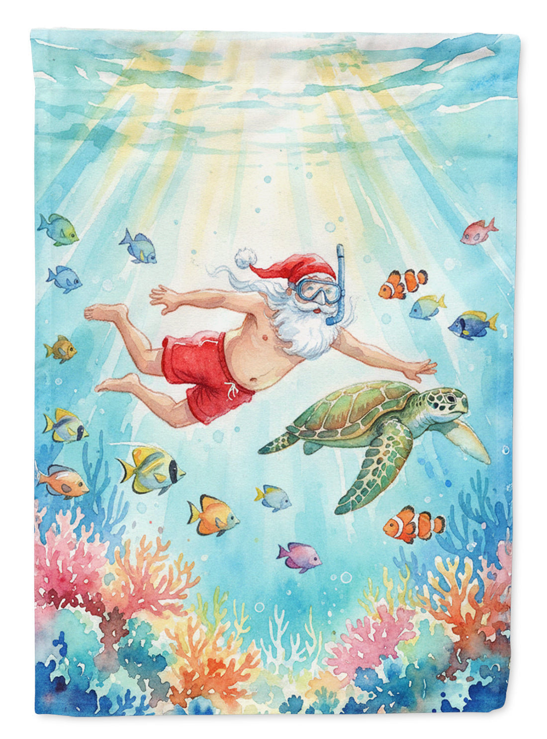 Santa Claus Snorkeling with a Sea Turtle Christmas House Flag 28x40 Porch Sleeve Pole Decorative Outside Yard Banner Artwork Wall Hanging, Polyester