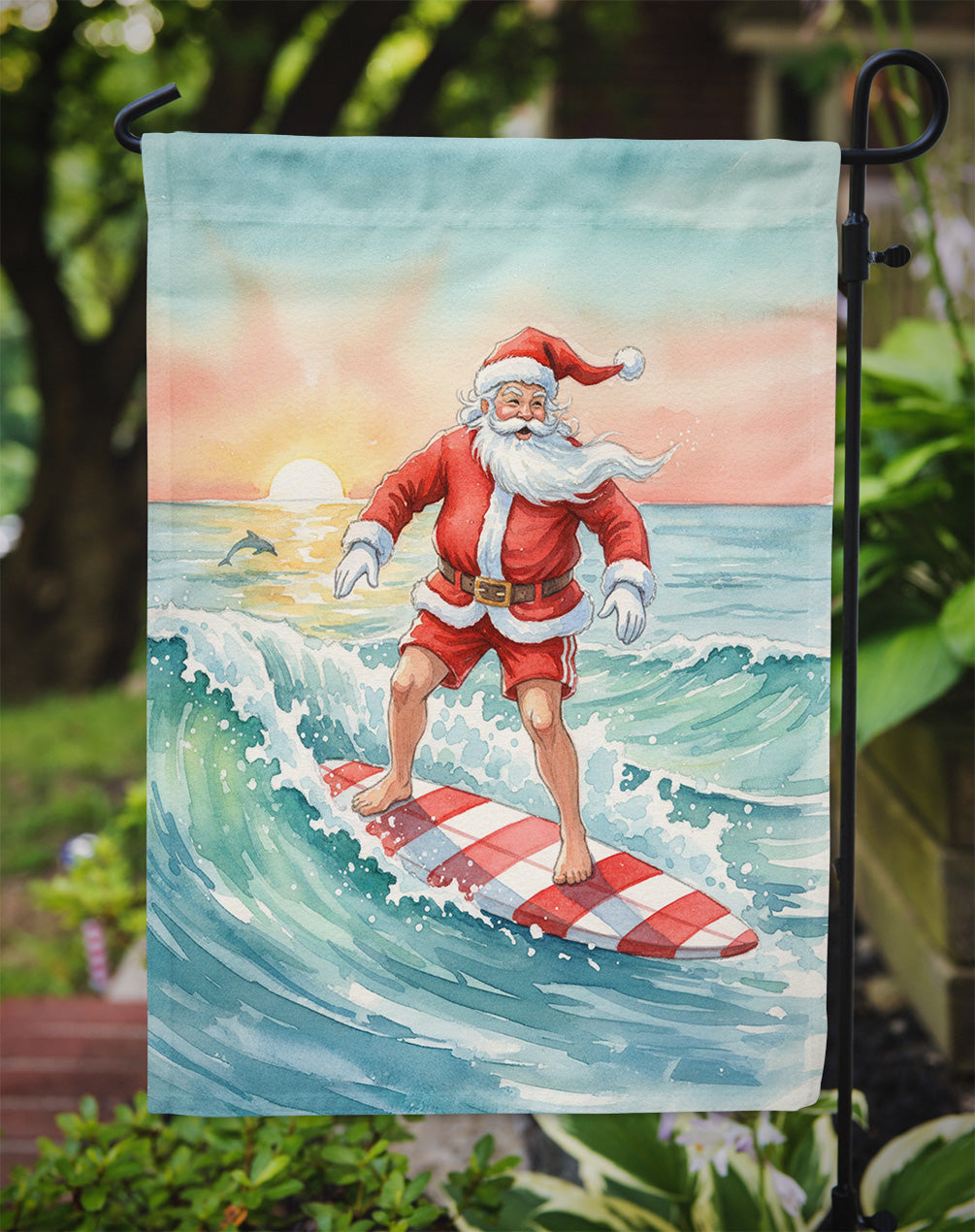 Santa Claus Surfing Christmas Morning Christmas Garden Flag Mailbox Decorative Yard Banner Outside Patio Artwork for Flower Beds, Garden Size, Multicolor