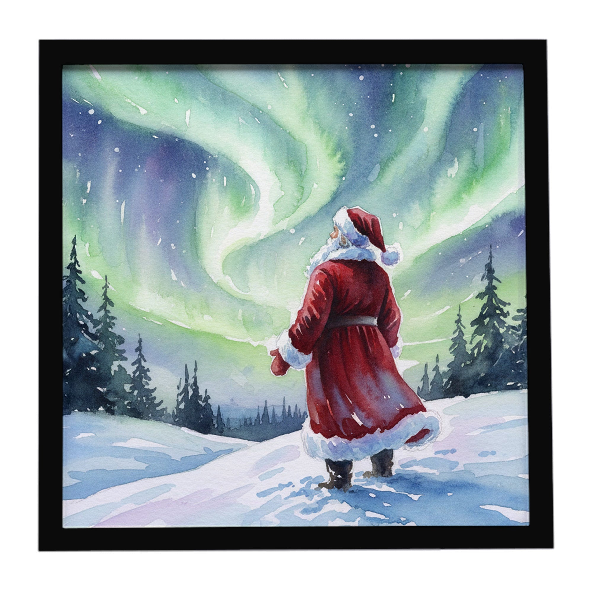 Santa Claus Watching the Northern Lights Christmas Framed Metal Print Bathroom, Kitchen, Office, Home Decor Wall Art Ready to Hang, Square, 8X8