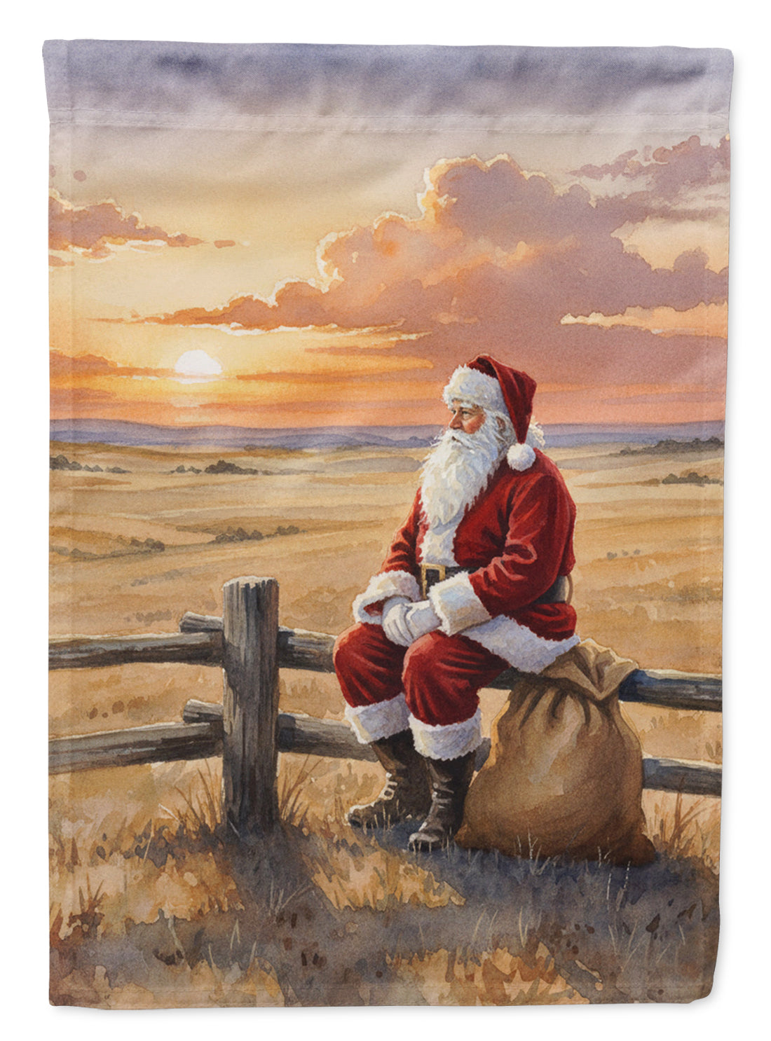 Santa Claus Watching the Sunset on the Prairie Christmas House Flag 28x40 Porch Sleeve Pole Decorative Outside Yard Banner Artwork Wall Hanging, Polyester