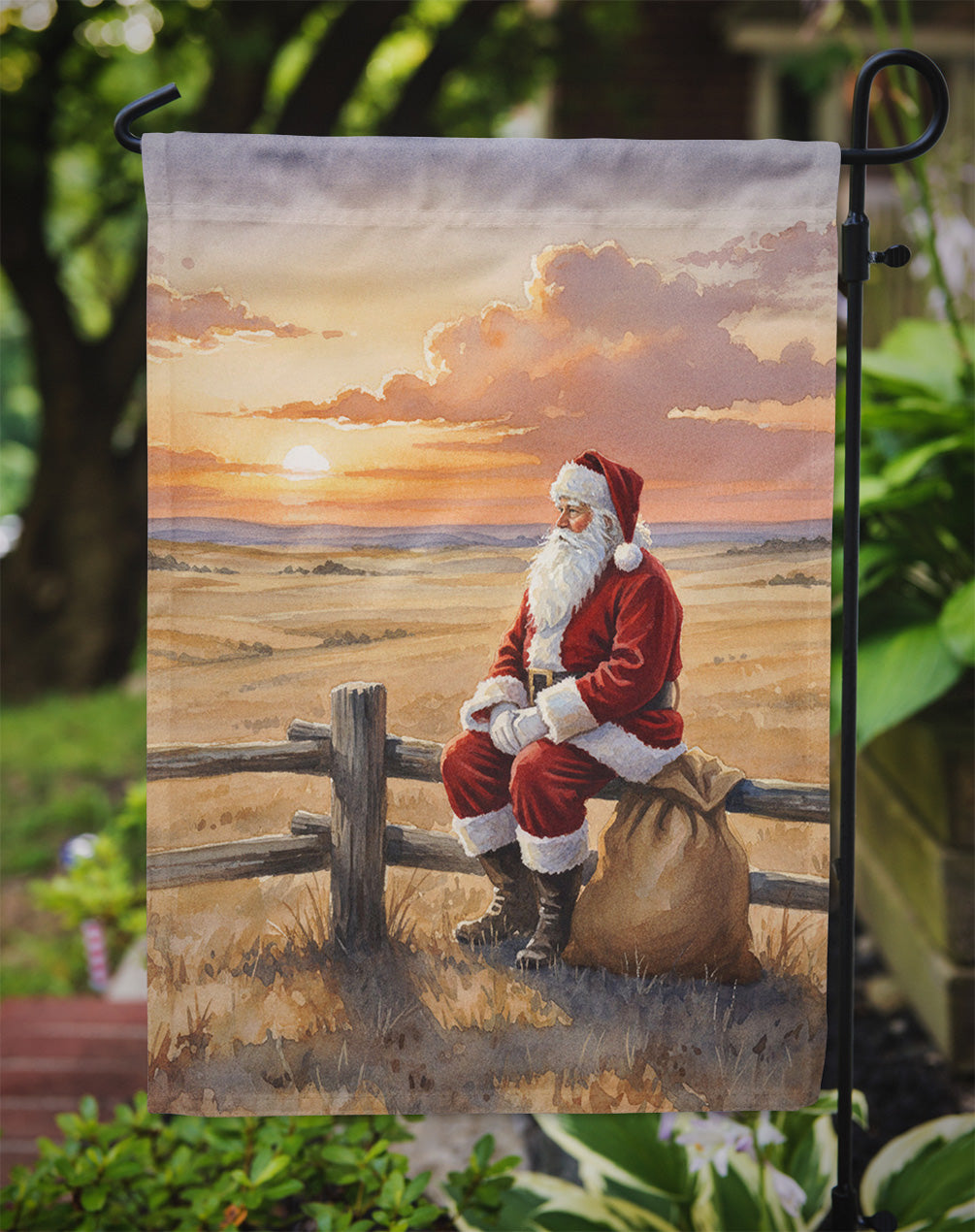 Santa Claus Watching the Sunset on the Prairie Christmas Garden Flag Mailbox Decorative Yard Banner Outside Patio Artwork for Flower Beds, Garden Size, Multicolor