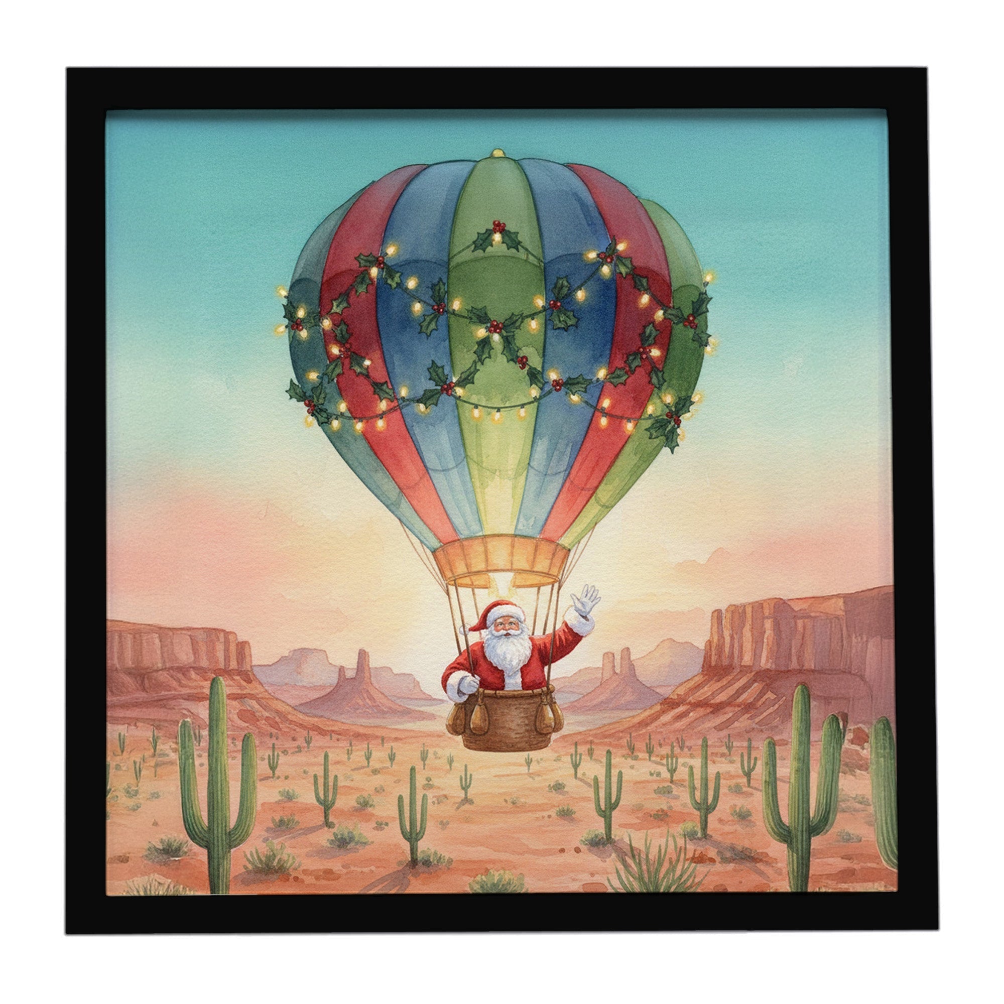 Santa Claus with a Hot-Air Balloon Christmas Framed Metal Print Bathroom, Kitchen, Office, Home Decor Wall Art Ready to Hang, Square, 8X8