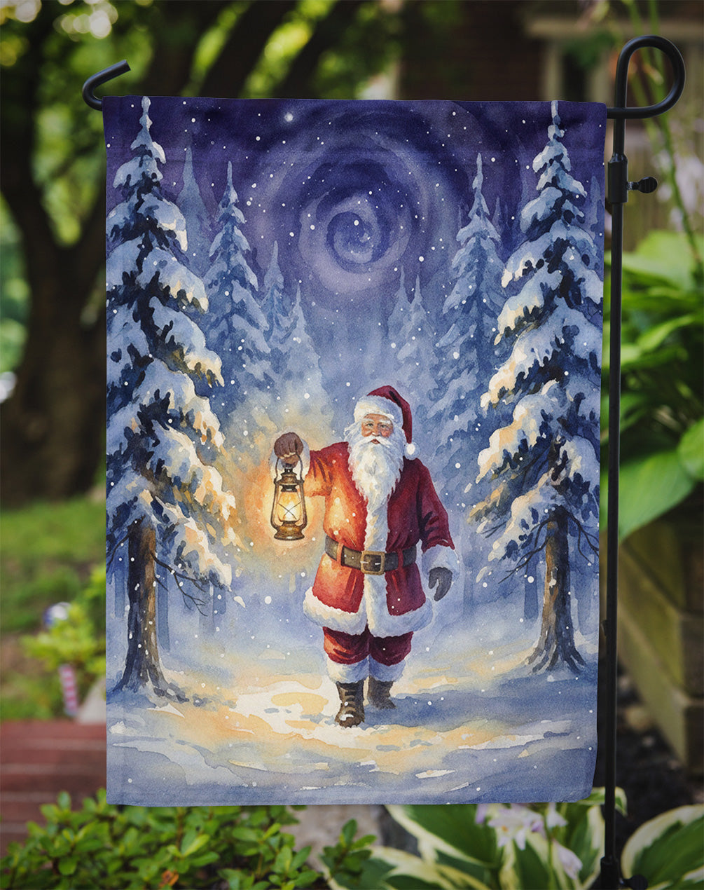 Santa Claus with a Lantern in the Woods Christmas Garden Flag Mailbox Decorative Yard Banner Outside Patio Artwork for Flower Beds, Garden Size, Multicolor