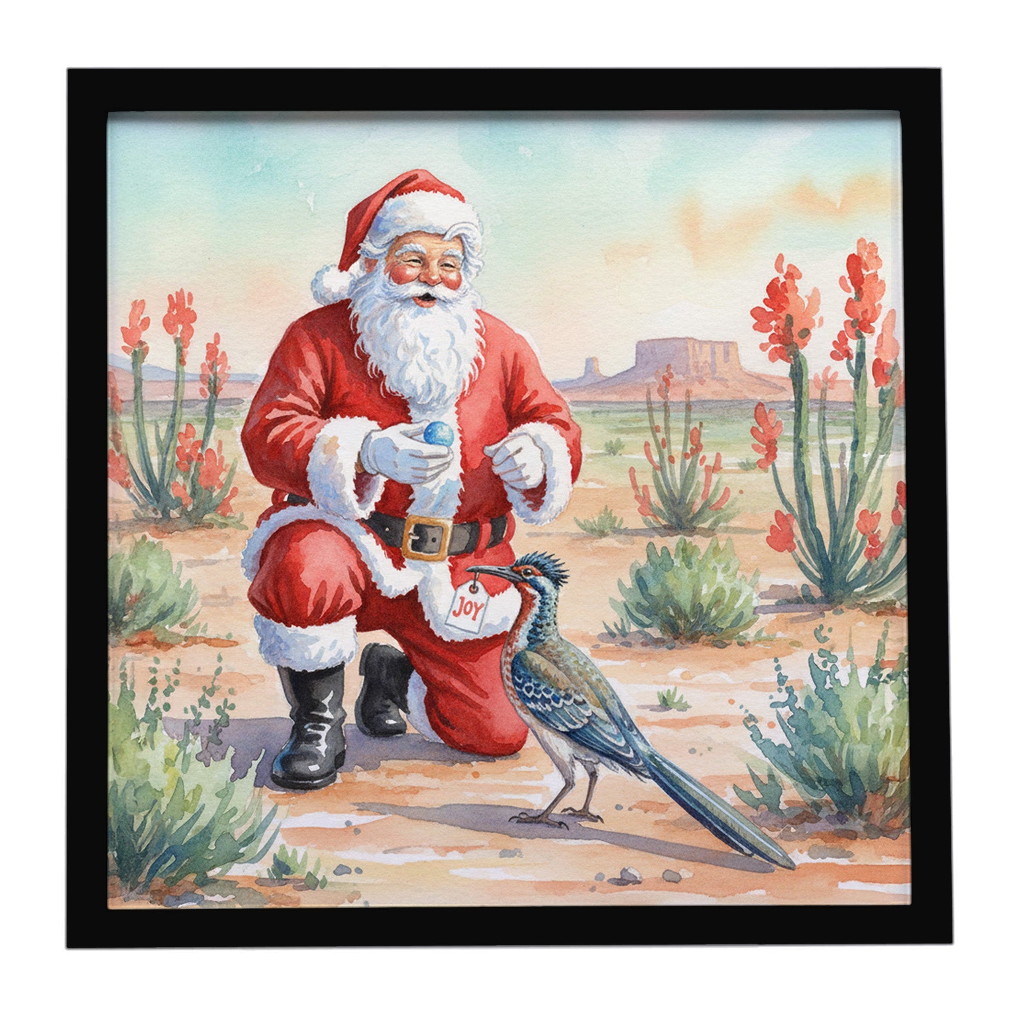 Santa Claus with a Roadrunner Christmas Framed Metal Print Bathroom, Kitchen, Office, Home Decor Wall Art Ready to Hang, Square, 8X8