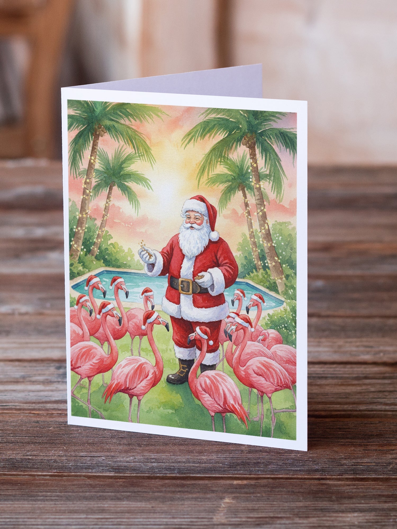Santa Claus with Flamingos Christmas Greeting Cards Pack of 8 Blank Cards with Envelopes Whimsical A7 Size 5x7