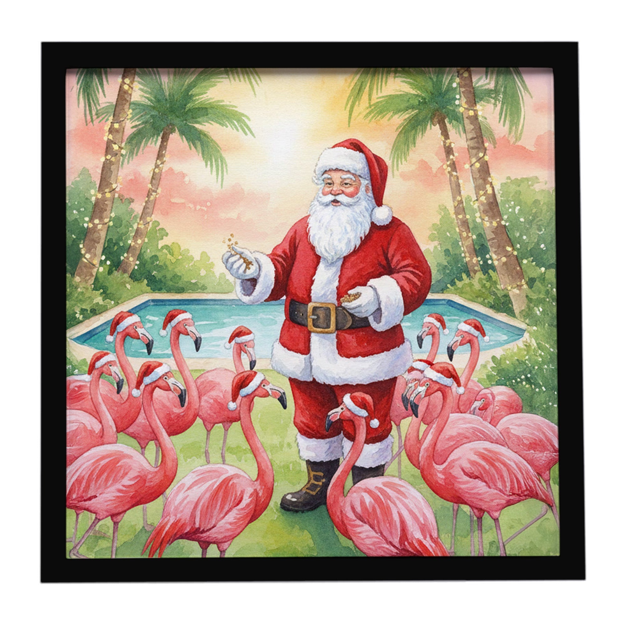 Santa Claus with Flamingos Christmas Framed Metal Print Bathroom, Kitchen, Office, Home Decor Wall Art Ready to Hang, Square, 8X8