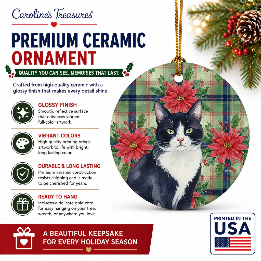 Black and White Tuxedo Cat with Poinsettias Ceramic Ornament Christmas Tree Hanging Decorations for Home Christmas Holiday, Party, Gift, 3 in, Multicolor