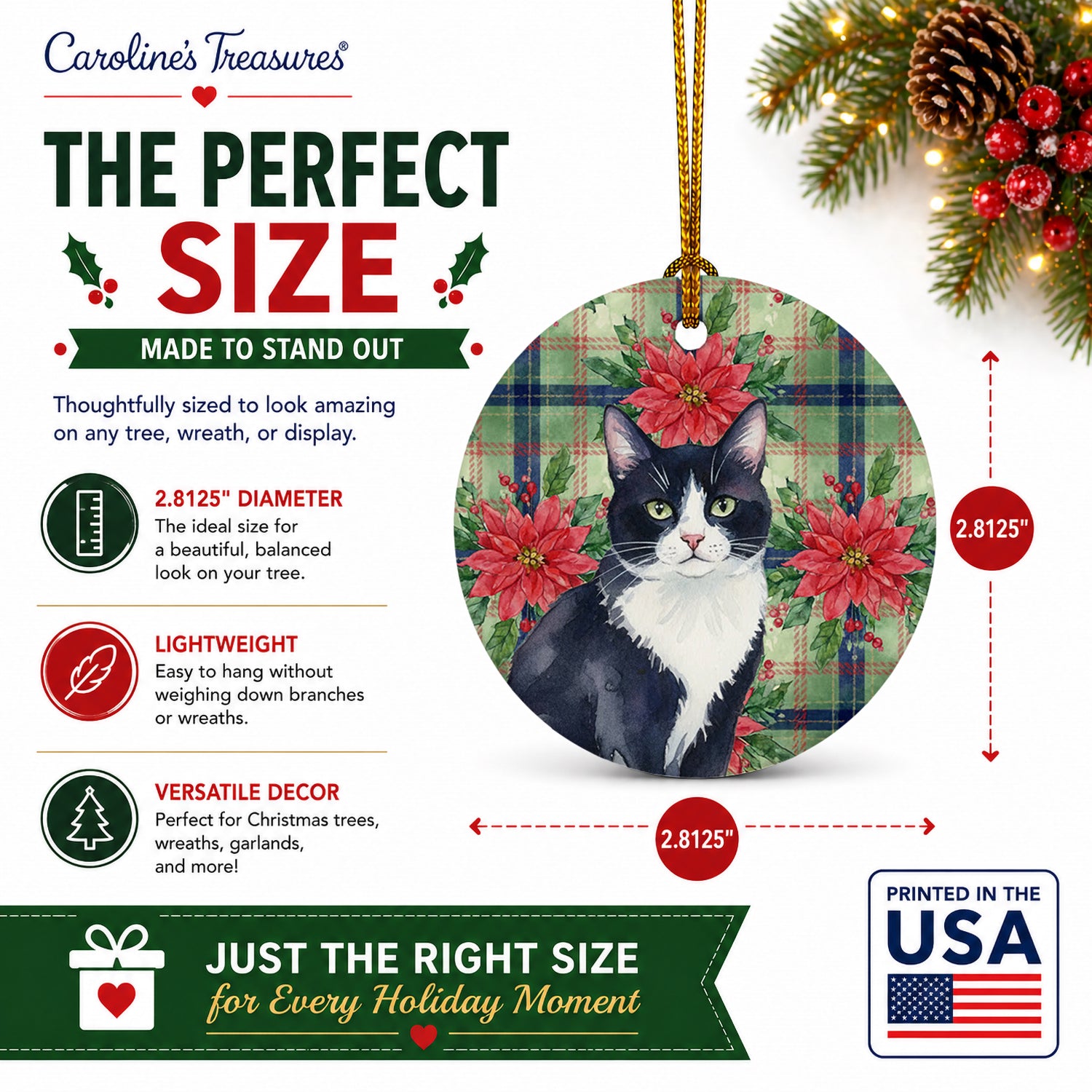 Black and White Tuxedo Cat with Poinsettias Ceramic Ornament Christmas Tree Hanging Decorations for Home Christmas Holiday, Party, Gift, 3 in, Multicolor