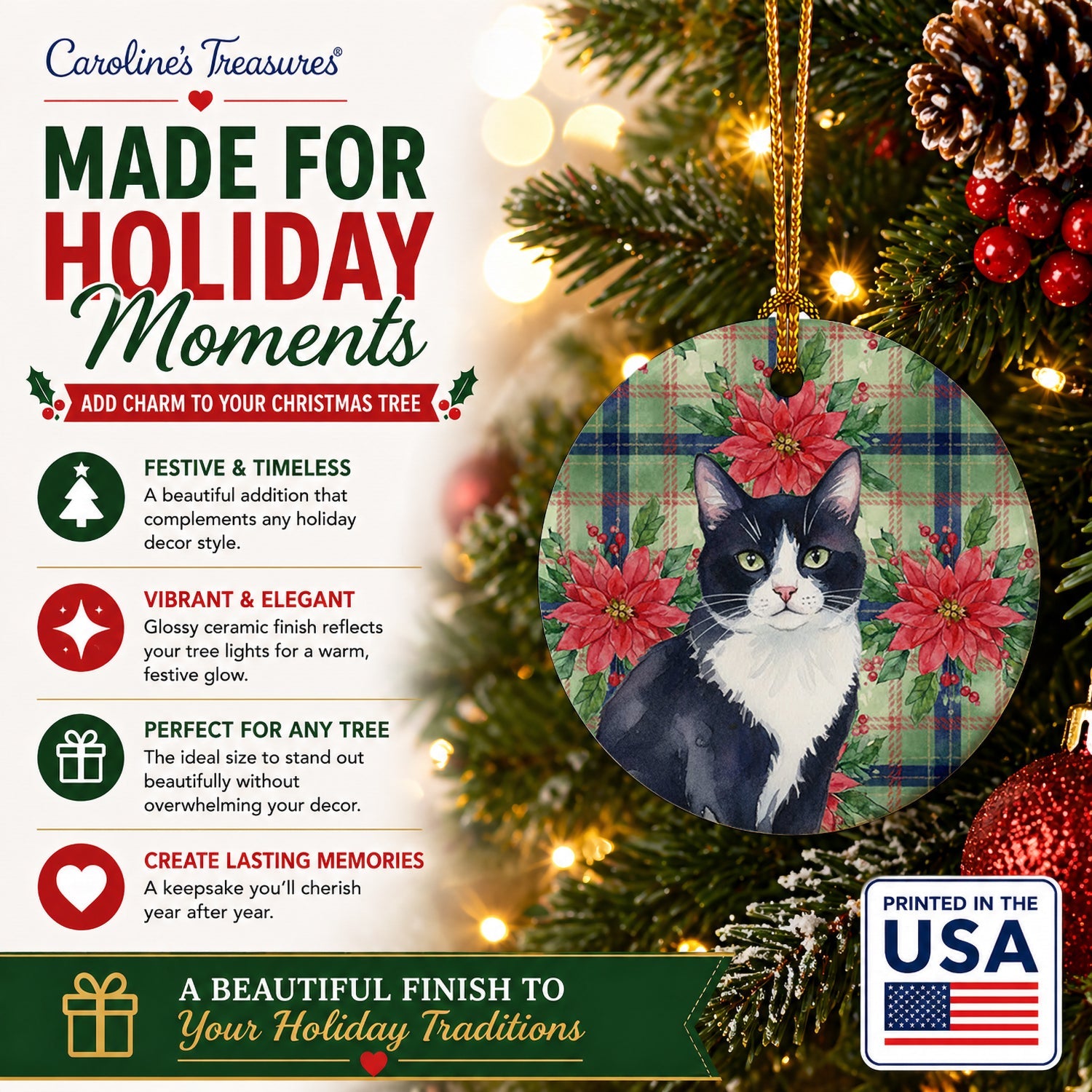 Black and White Tuxedo Cat with Poinsettias Ceramic Ornament Christmas Tree Hanging Decorations for Home Christmas Holiday, Party, Gift, 3 in, Multicolor