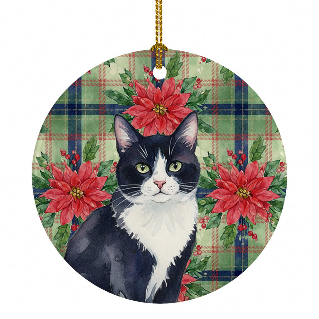 Black and White Tuxedo Cat with Poinsettias Ceramic Ornament Christmas Tree Hanging Decorations for Home Christmas Holiday, Party, Gift, 3 in, Multicolor