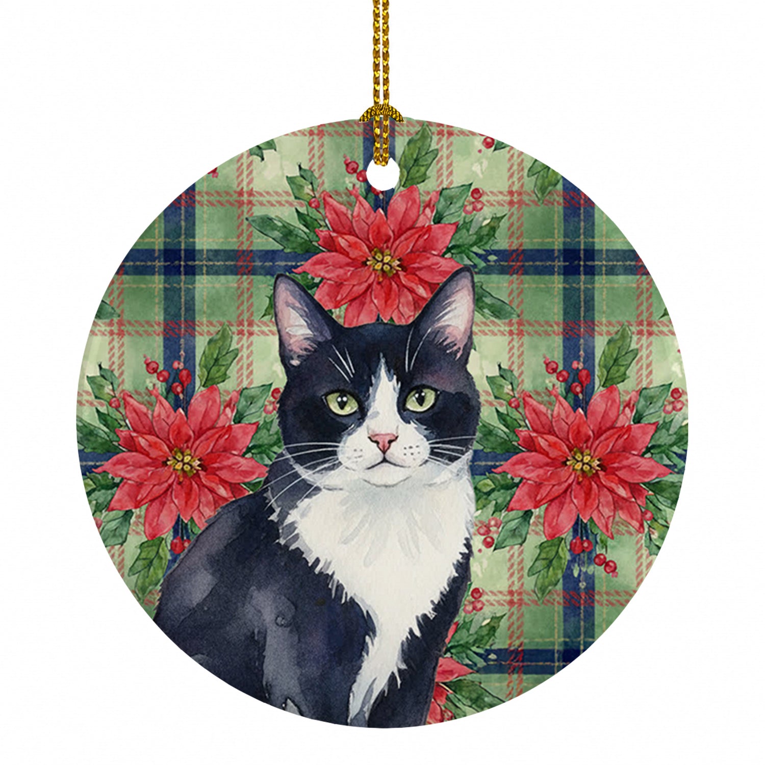 Black and White Tuxedo Cat with Poinsettias Ceramic Ornament Christmas Tree Hanging Decorations for Home Christmas Holiday, Party, Gift, 3 in, Multicolor