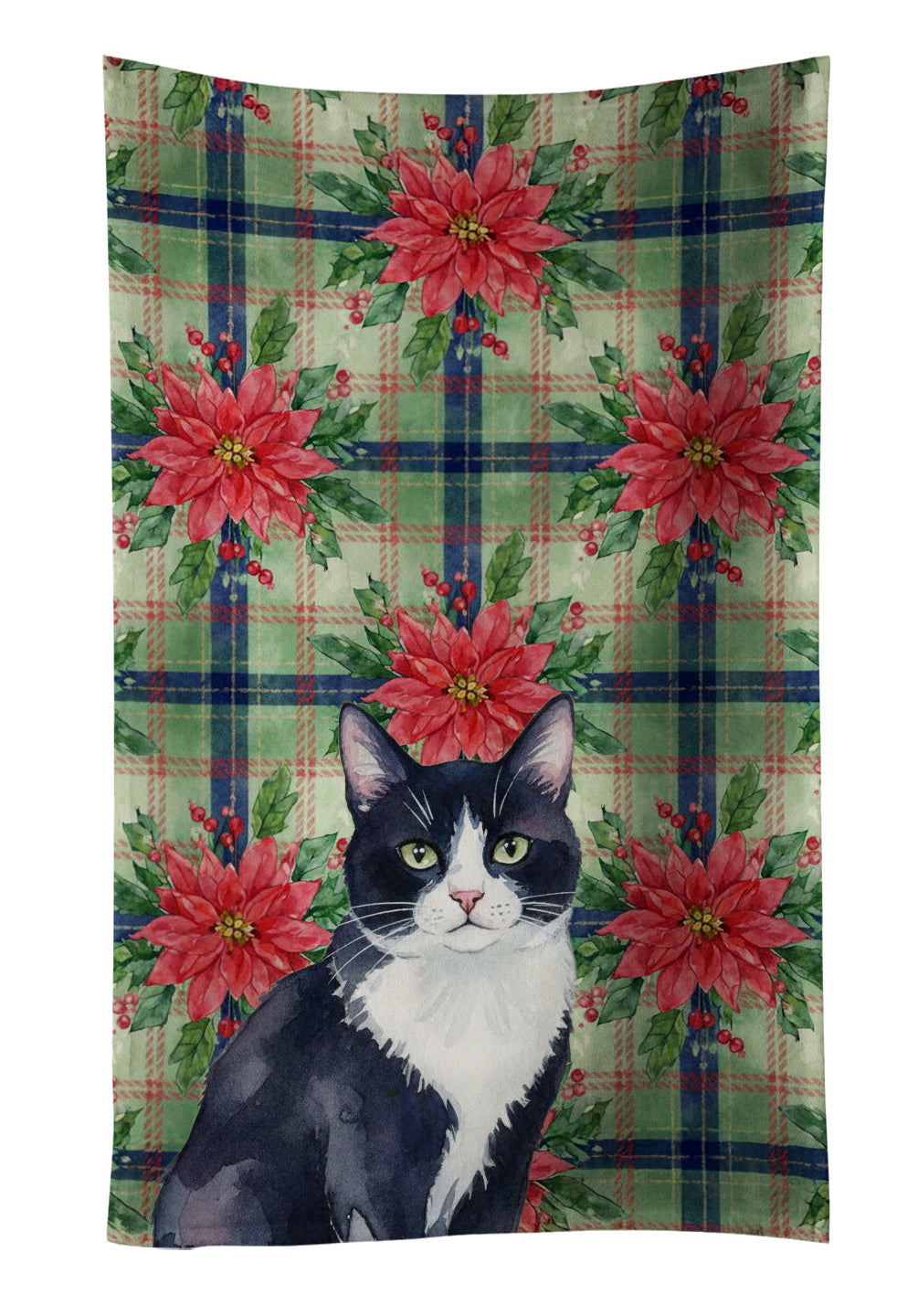 Black and White Tuxedo Cat with Poinsettias Kitchen Towel Velour Plush Front and Cotton Loop Back Machine Washable
