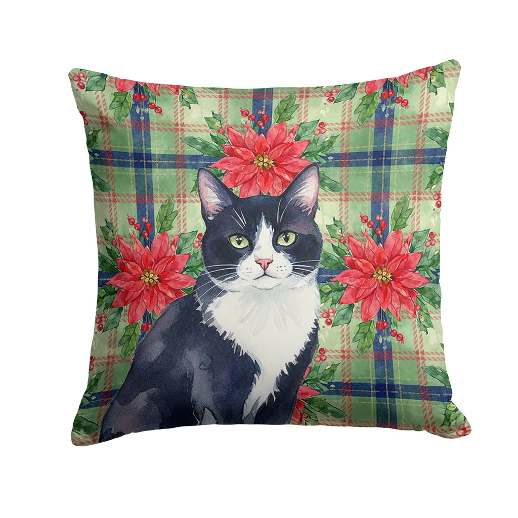 Black and White Tuxedo Cat with Poinsettias Decorative Throw Pillow 14x14 Indoor Outdoor Accent Cushion, Fabric Cover with Insert for Sofa, Bed, Porch & Living Room