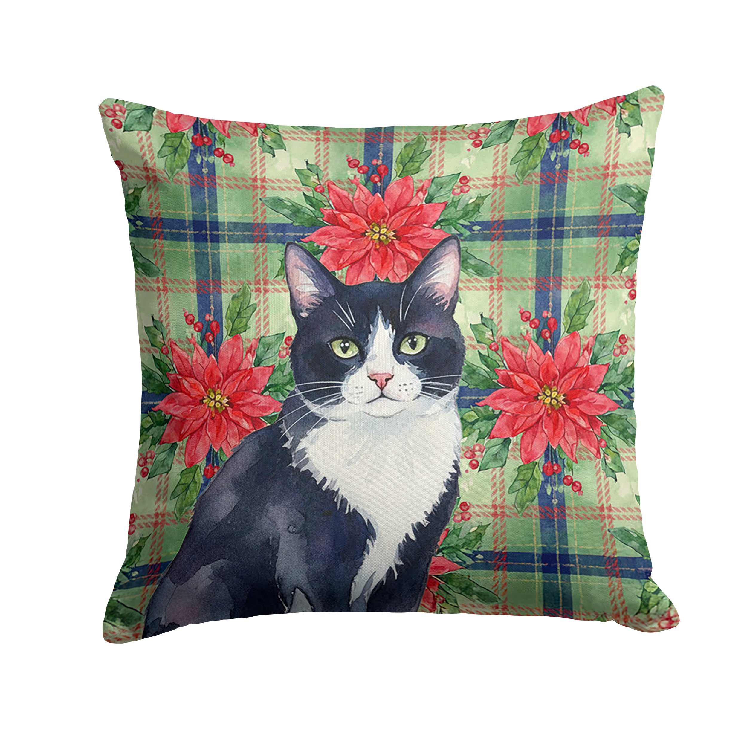 Black and White Tuxedo Cat with Poinsettias Decorative Throw Pillow 14x14 Indoor Outdoor Accent Cushion, Fabric Cover with Insert for Sofa, Bed, Porch & Living Room