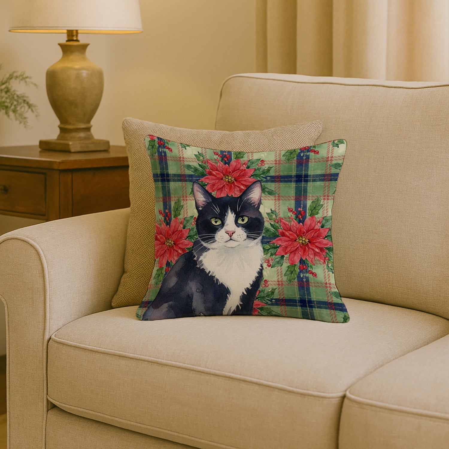 Black and White Tuxedo Cat with Poinsettias Decorative Throw Pillow 18x18 Indoor Outdoor Accent Cushion, Fabric Cover with Insert for Sofa, Bed, Porch & Living Room