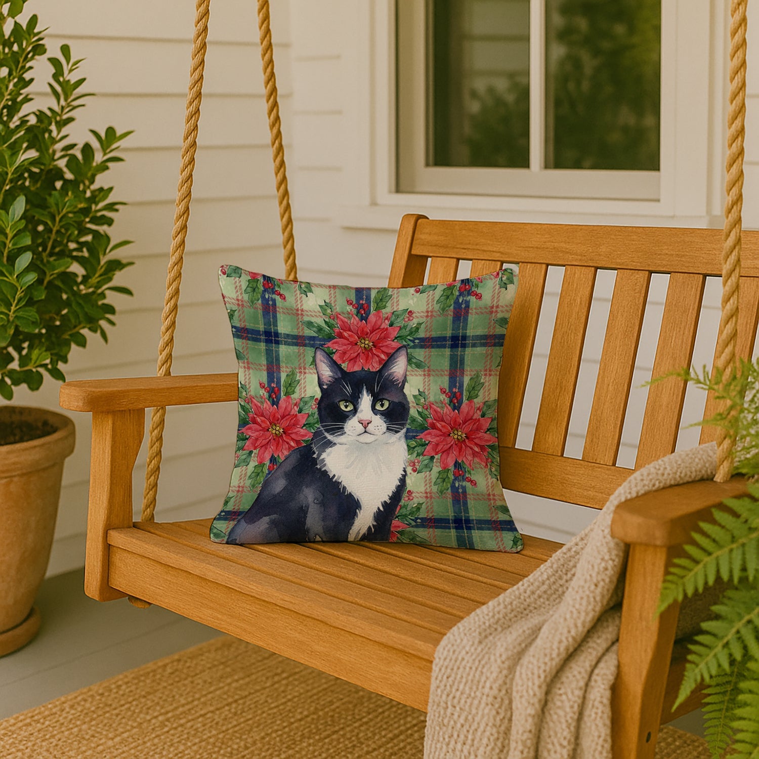Black and White Tuxedo Cat with Poinsettias Decorative Throw Pillow 18x18 Indoor Outdoor Accent Cushion, Fabric Cover with Insert for Sofa, Bed, Porch & Living Room
