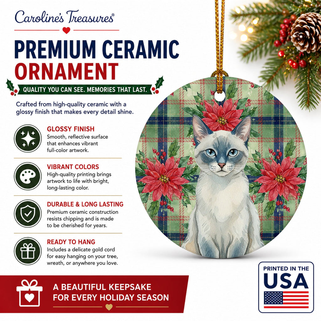 Blue Point Cat with Poinsettias Ceramic Ornament Christmas Tree Hanging Decorations for Home Christmas Holiday, Party, Gift, 3 in, Multicolor