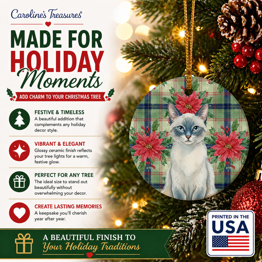 Blue Point Cat with Poinsettias Ceramic Ornament Christmas Tree Hanging Decorations for Home Christmas Holiday, Party, Gift, 3 in, Multicolor
