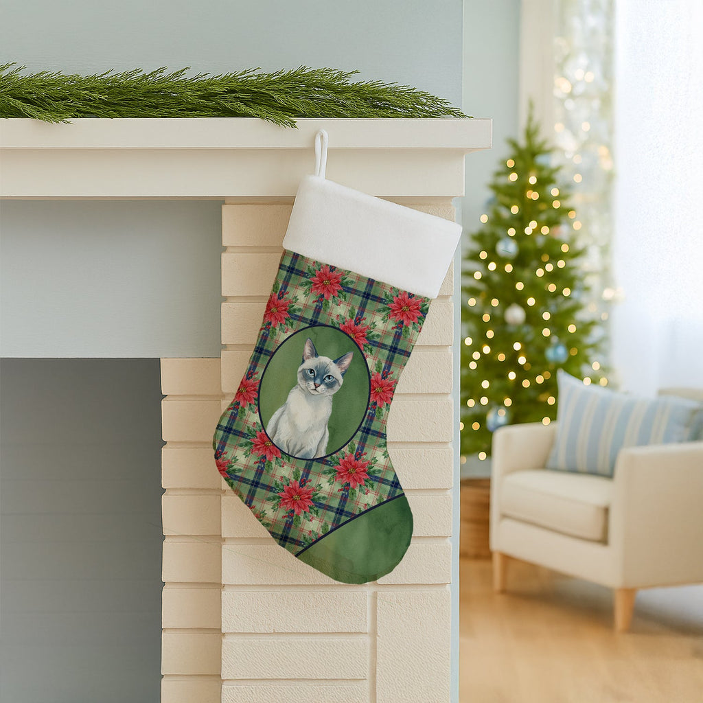 Blue Point Cat with Poinsettias Holiday Stocking Double-Sided Print, Polyester Suede,11x18, Made in USA