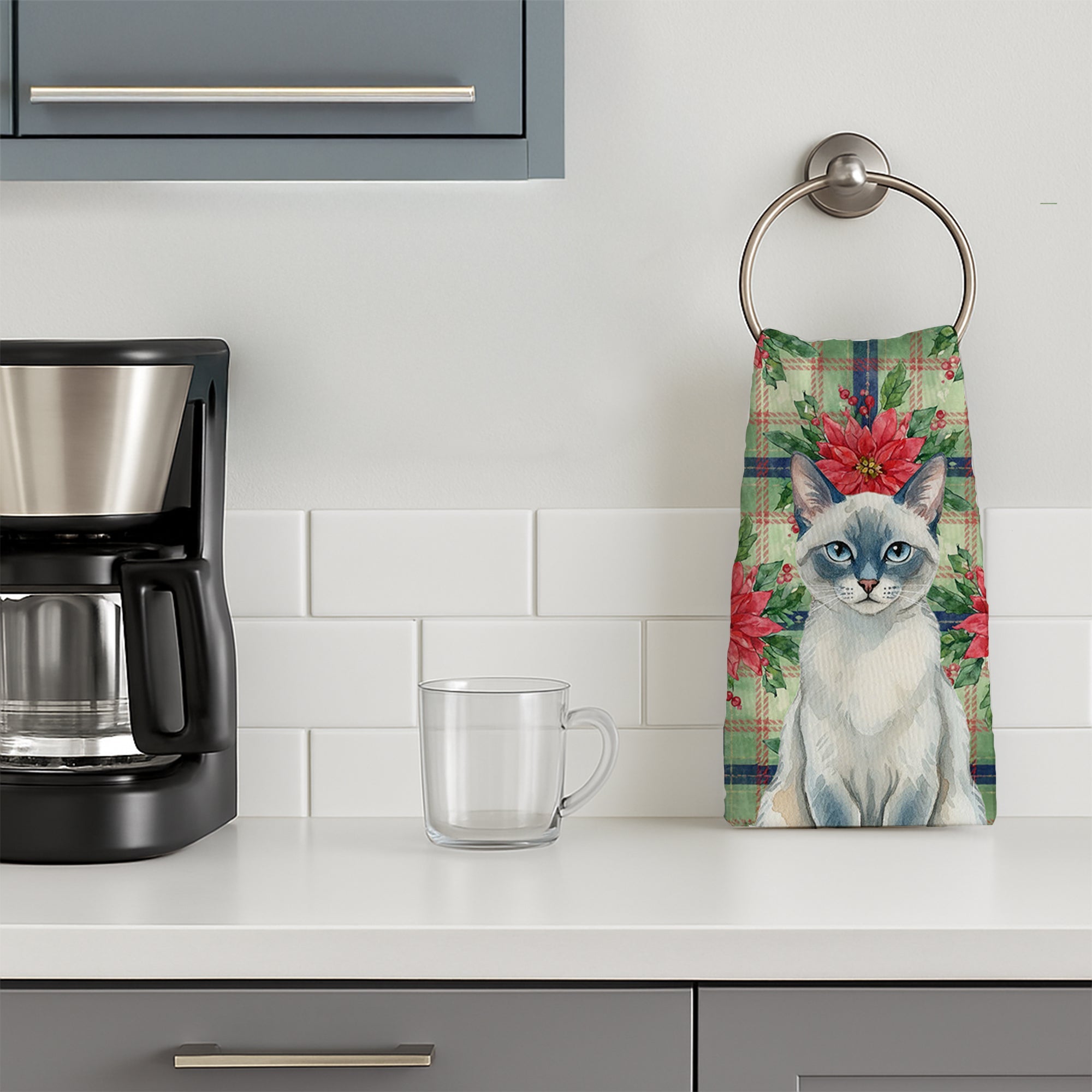 Blue Point Cat with Poinsettias Kitchen Towel Velour Plush Front and Cotton Loop Back Machine Washable