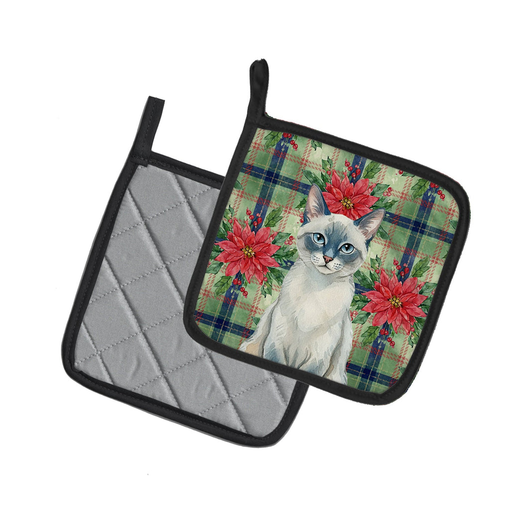 Blue Point Cat with Poinsettias Pot Holder Set of 2 Heat Resistant Quilted Hot Pads 7.5 x 7.5 Inch, Insulated Kitchen Trivets for Cooking & Baking
