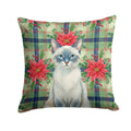 Blue Point Cat with Poinsettias Decorative Throw Pillow 14x14 Indoor Outdoor Accent Cushion, Fabric Cover with Insert for Sofa, Bed, Porch & Living Room