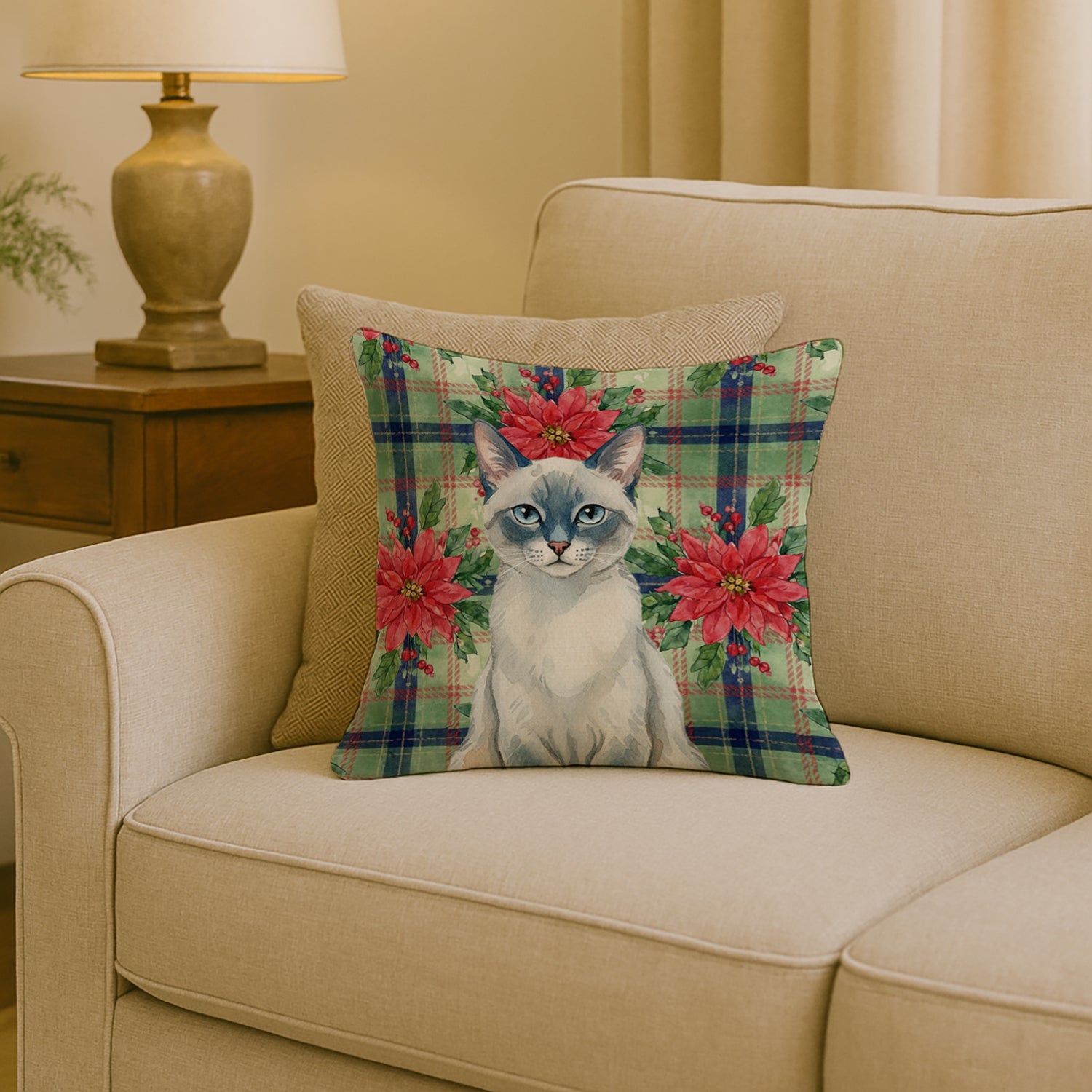 Blue Point Cat with Poinsettias Decorative Throw Pillow 18x18 Indoor Outdoor Accent Cushion, Fabric Cover with Insert for Sofa, Bed, Porch & Living Room