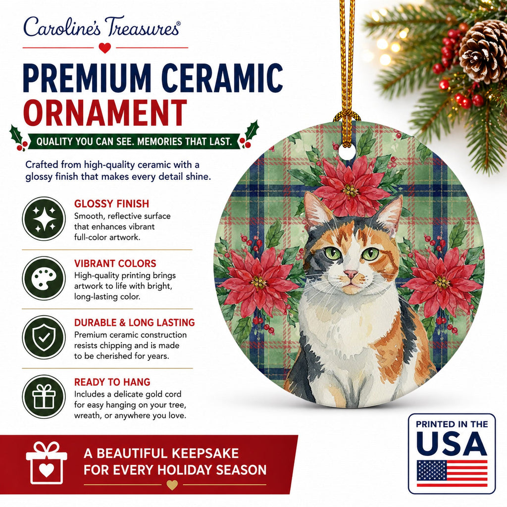 Calico Cat with Poinsettias Ceramic Ornament Christmas Tree Hanging Decorations for Home Christmas Holiday, Party, Gift, 3 in, Multicolor