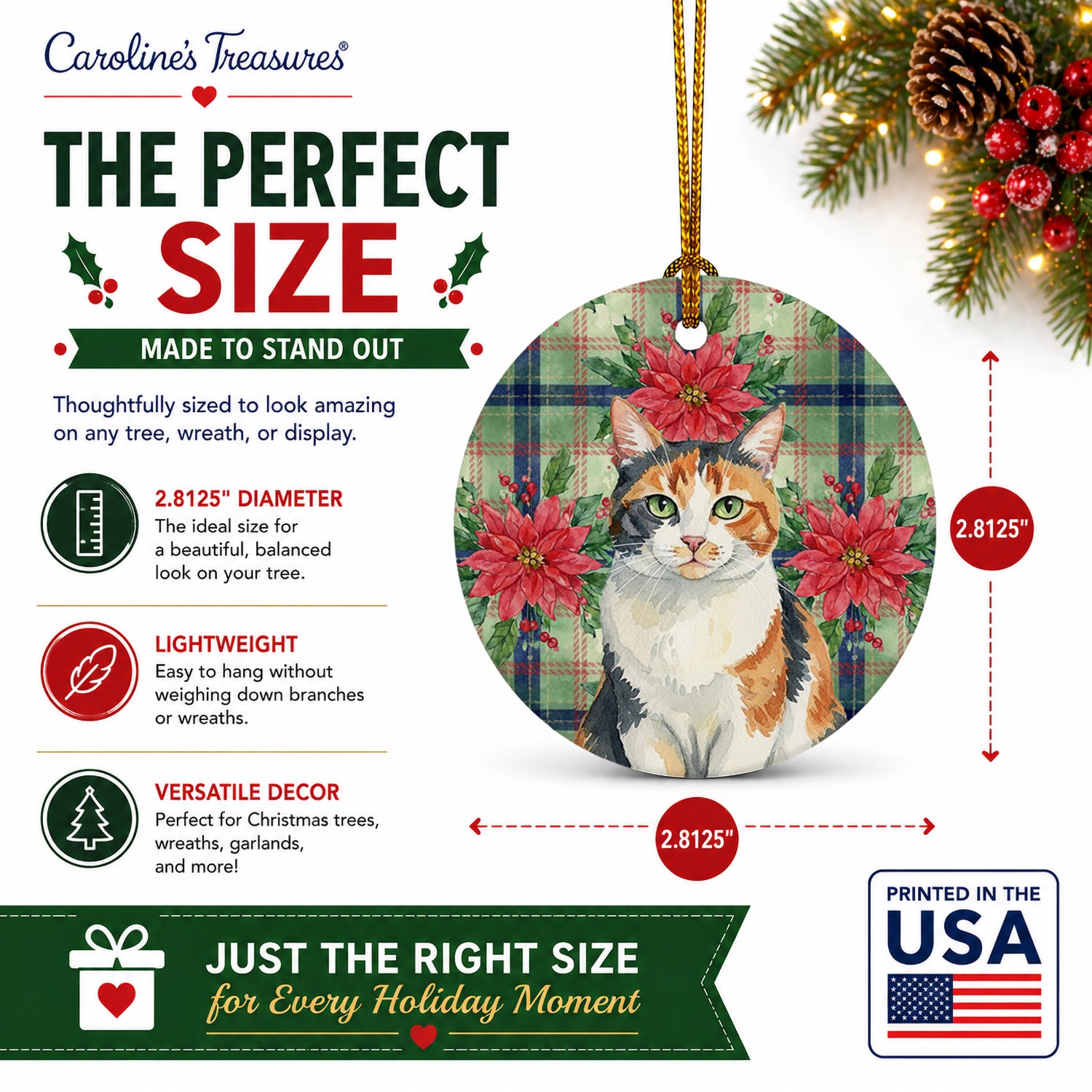 Calico Cat with Poinsettias Ceramic Ornament Christmas Tree Hanging Decorations for Home Christmas Holiday, Party, Gift, 3 in, Multicolor
