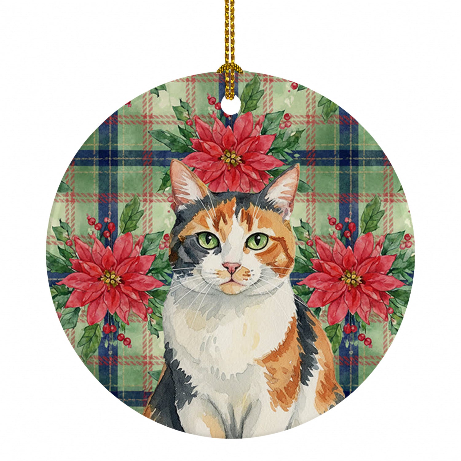 Calico Cat with Poinsettias Ceramic Ornament Christmas Tree Hanging Decorations for Home Christmas Holiday, Party, Gift, 3 in, Multicolor