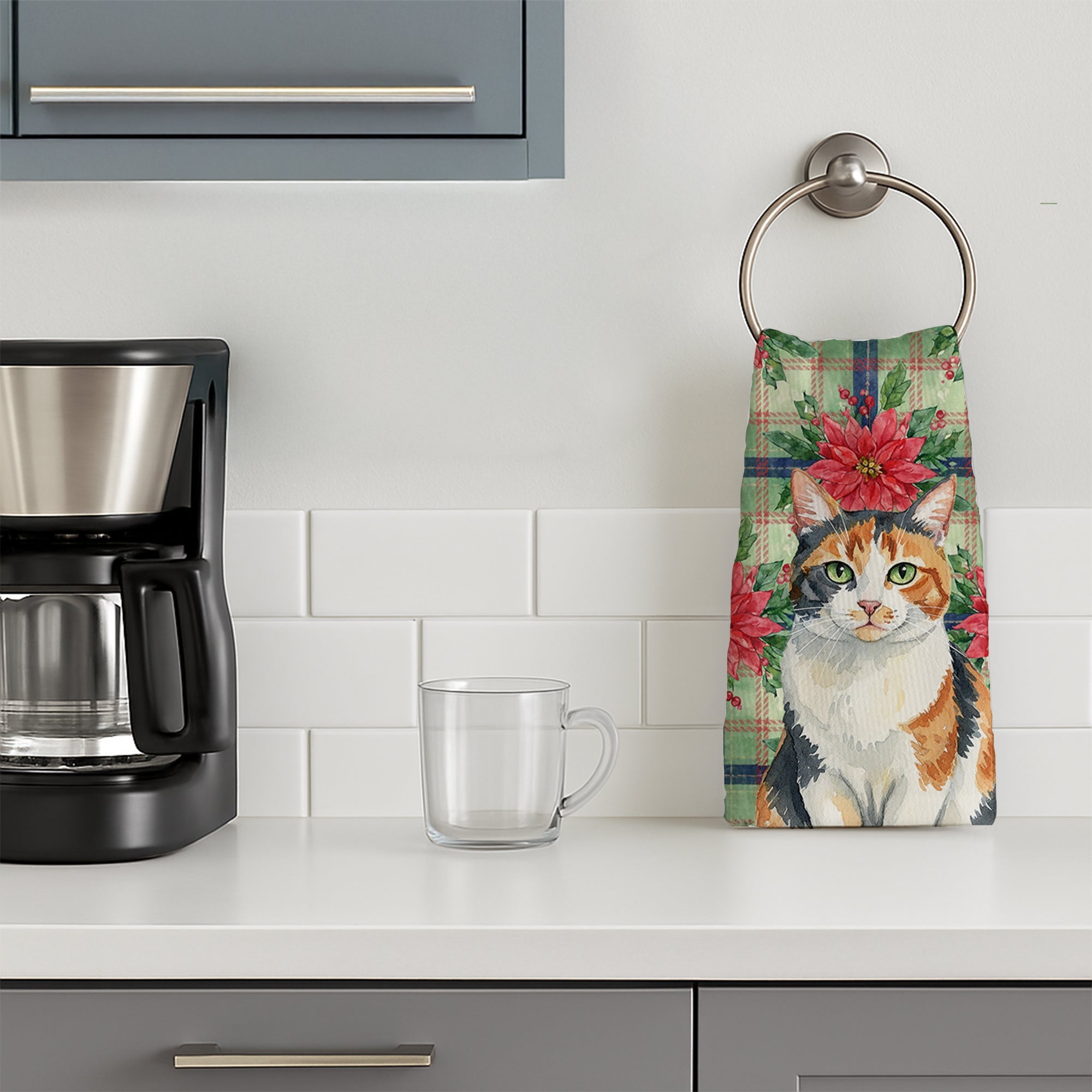 Calico Cat with Poinsettias Kitchen Towel Velour Plush Front and Cotton Loop Back Machine Washable