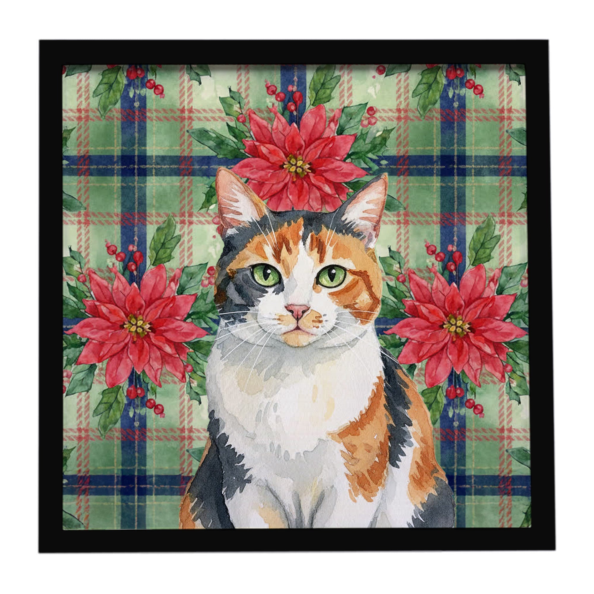 Calico Cat with Poinsettias Framed Metal Print Bathroom, Kitchen, Office, Home Decor Wall Art Ready to Hang, Square, 8X8