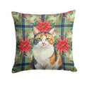 Calico Cat with Poinsettias Decorative Throw Pillow 14x14 Indoor Outdoor Accent Cushion, Fabric Cover with Insert for Sofa, Bed, Porch & Living Room