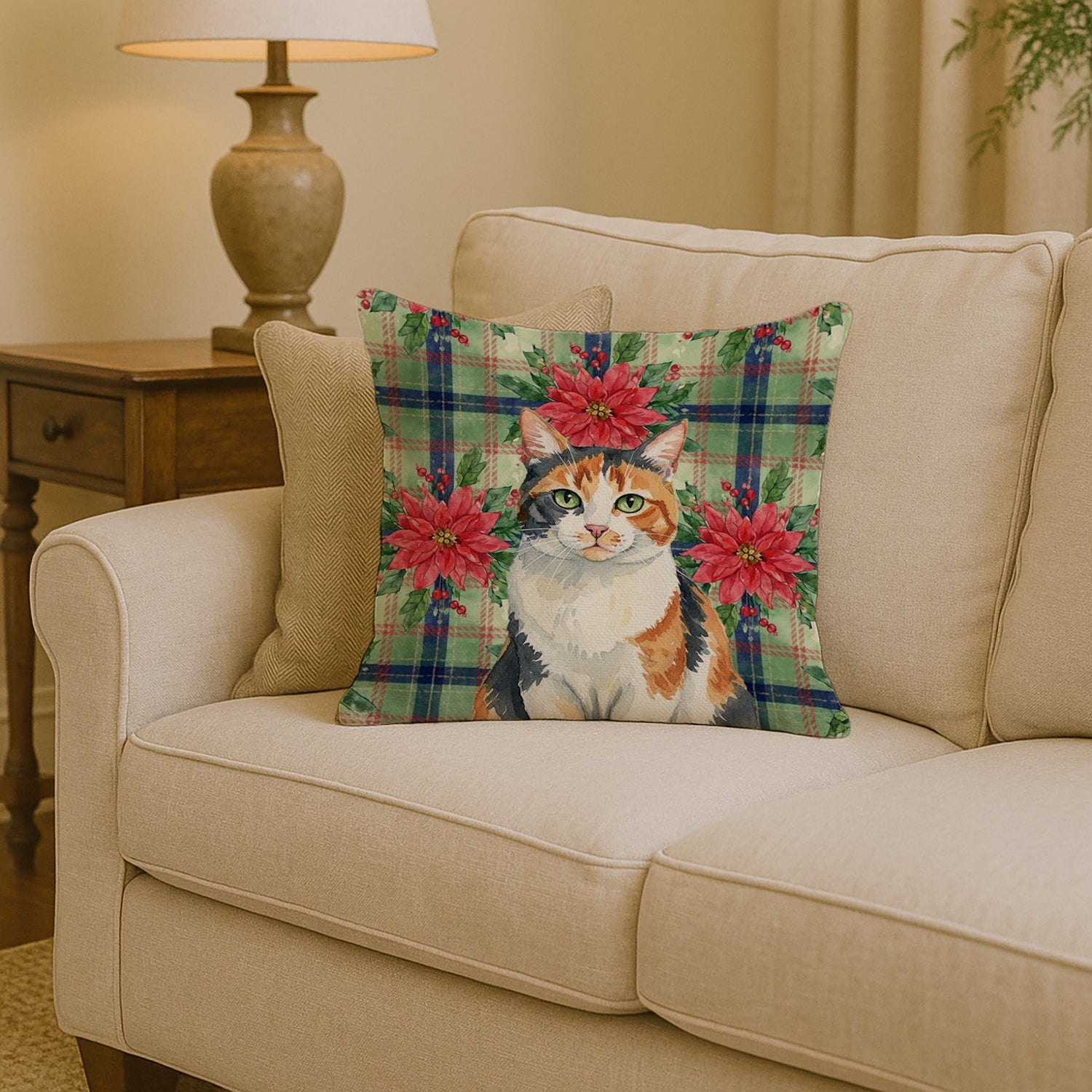 Calico Cat with Poinsettias Decorative Throw Pillow 14x14 Indoor Outdoor Accent Cushion, Fabric Cover with Insert for Sofa, Bed, Porch & Living Room