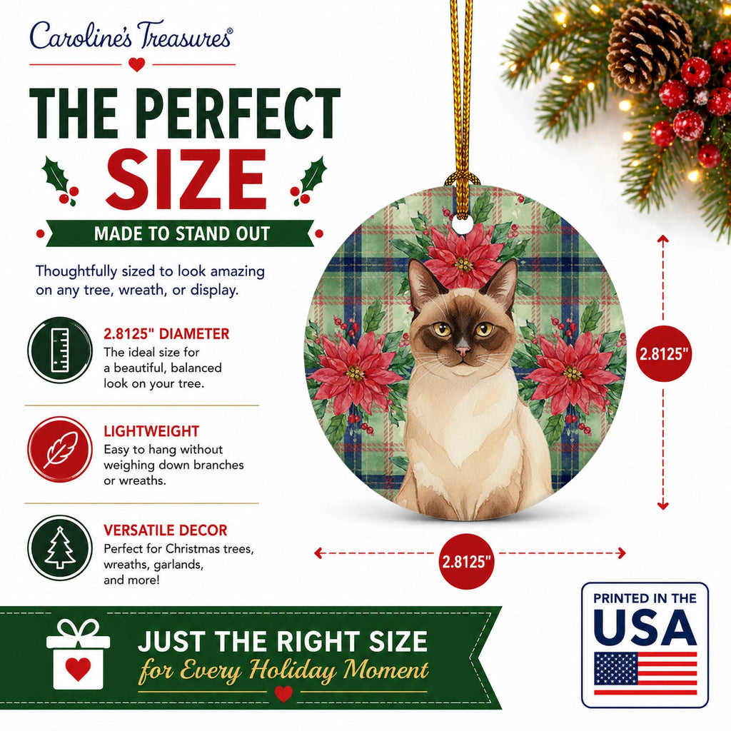 Chocolate Point Cat with Poinsettias Ceramic Ornament Christmas Tree Hanging Decorations for Home Christmas Holiday, Party, Gift, 3 in, Multicolor