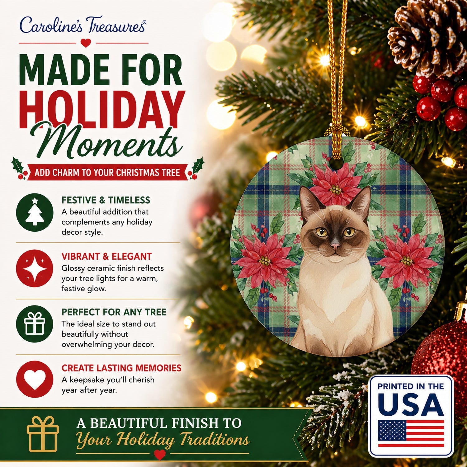 Chocolate Point Cat with Poinsettias Ceramic Ornament Christmas Tree Hanging Decorations for Home Christmas Holiday, Party, Gift, 3 in, Multicolor