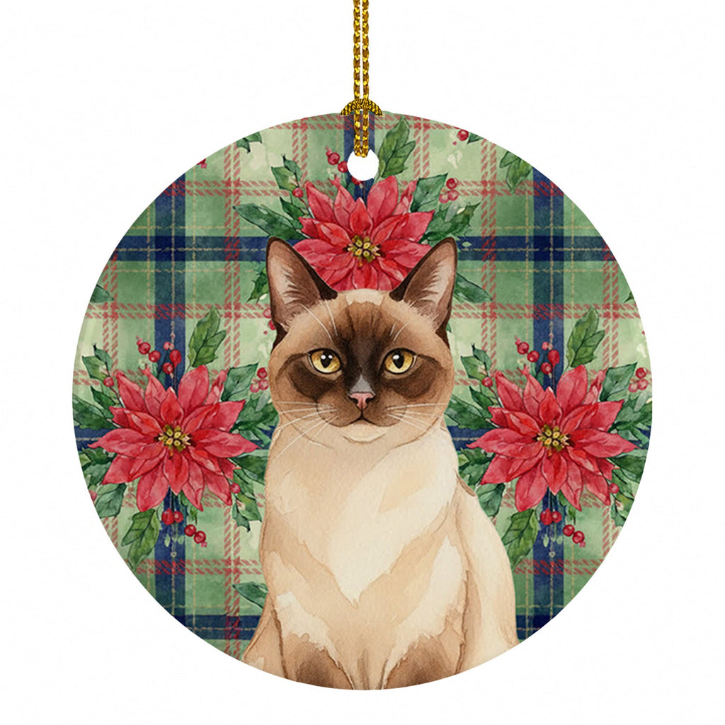 Chocolate Point Cat with Poinsettias Ceramic Ornament Christmas Tree Hanging Decorations for Home Christmas Holiday, Party, Gift, 3 in, Multicolor