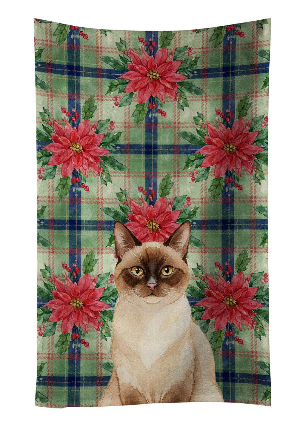 Chocolate Point Cat with Poinsettias Kitchen Towel Velour Plush Front and Cotton Loop Back Machine Washable