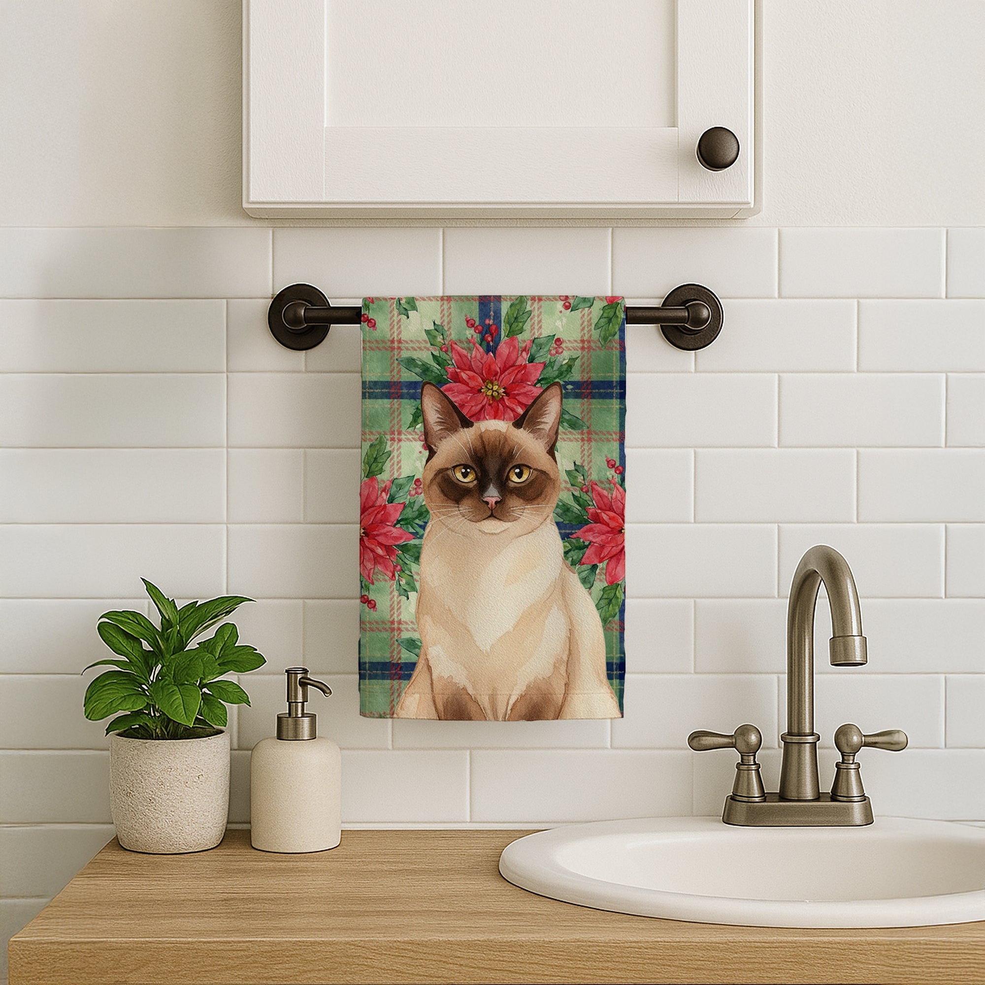 Chocolate Point Cat with Poinsettias Kitchen Towel Velour Plush Front and Cotton Loop Back Machine Washable