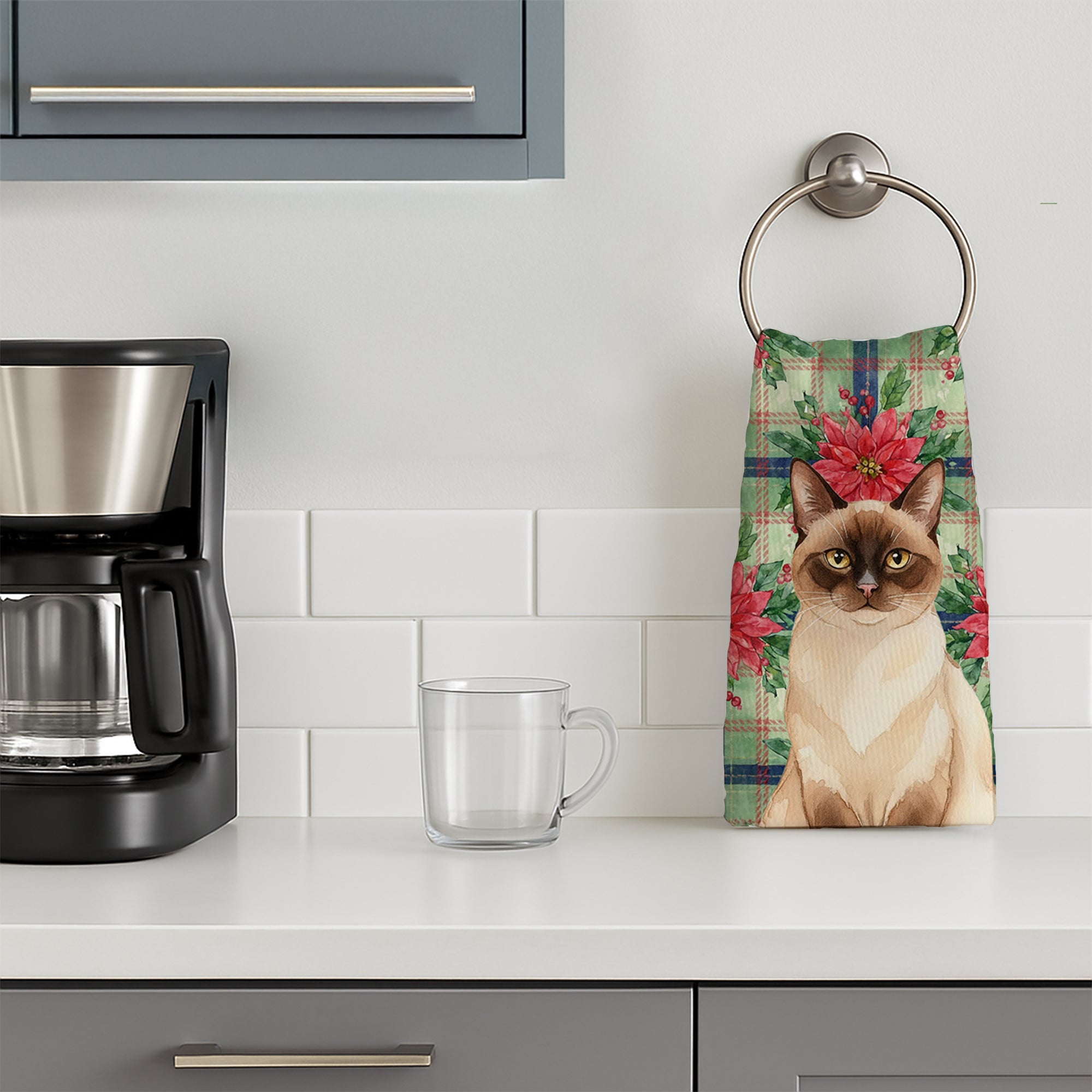 Chocolate Point Cat with Poinsettias Kitchen Towel Velour Plush Front and Cotton Loop Back Machine Washable